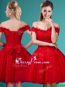 Wonderful Off the Shoulder Cap Sleeves Prom Dress with Beading and Bowknot