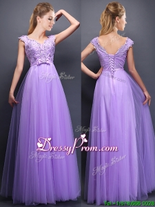 Lovely Beaded and Bowknot V Neck Prom Dress in Lavender