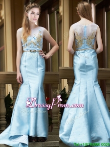 Modest Mermaid Applique Brush Train Prom Dress in Light Blue