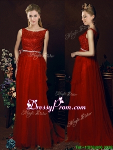 Popular Belted Empire Scoop Red Prom Dress with Brush Train