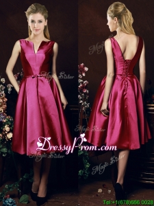 Popular V Neck Knee Length Bowknot Prom Dress in Fuchsia