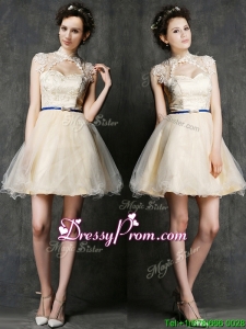See Through High Neck Short Prom Dress with Sashes and Lace