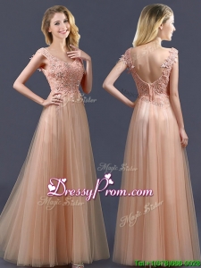Top Selling V Neck Long Prom Dress with Appliques and Beading