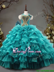 Fashionable Halter Top Teal Quinceanera Dress with Beading and Ruffled Layers