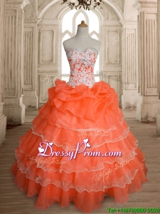 Exquisite Orange Red Big Puffy Quinceanera Dress with Ruffled Layers and Beading