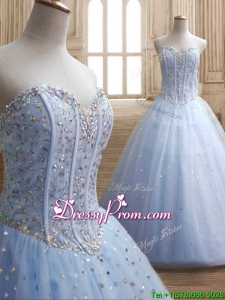 New Style Beaded Bodice Tulle Quinceanera Dress in Light Blue