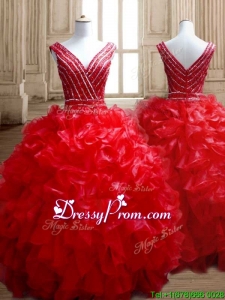 Sexy Deep V Neckline Red Quinceanera Dress with Beading and Ruffles