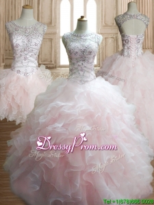 Wonderful Scoop Beading and Ruffles Detachable Quinceanera Dress in Baby Pink