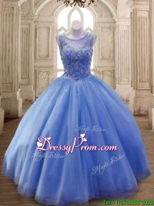 Classical Scoop Beaded Tulle Sweet 16 Dress in Blue