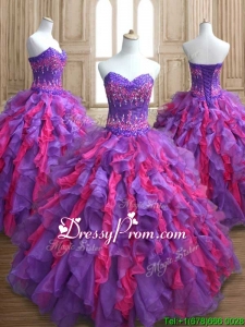 Cheap Applique and Ruffled Quinceanera Dress in Purple and Hot Pink