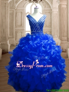 Modest Beaded and Ruffled Deep V Neckline Quinceanera Dress in Royal Blue