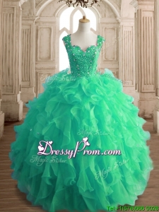 Affordable Beaded and Ruffled Straps Quinceanera Dress in Spring Green