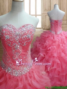 New Style Beaded and Ruffled Quinceanera Dress in Watermelon