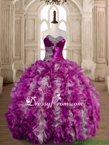 Popular Beaded and Ruffled Fuchsia and White Quinceanera Gown