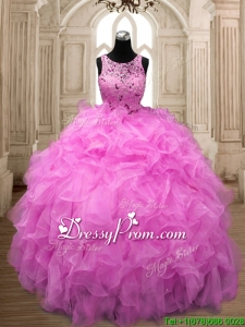 See Through Scoop Hot Pink Sweet 16 Dress with Beading and Ruffles