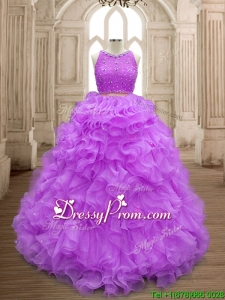 Wonderful Beaded and Ruffled Scoop Sweet 16 Dress in Lilac