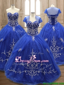 Elegant Applique Royal Blue Sweet 16 Dress with Brush Train