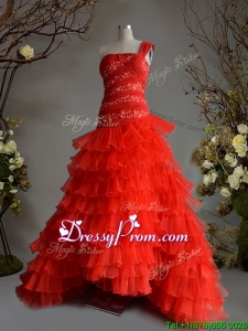 Fashionable One Shoulder A Line Red Quinceanera Dress with Beading and Ruffled Layers