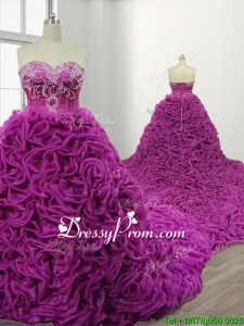 Gorgeous Rolling Flowers Court Train Quinceanera Gown with Beading