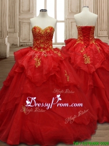 Classical Applique and Ruffled Layers Organza Quinceanera Dress in Red