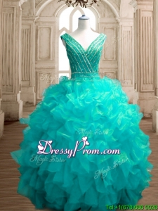 Fashionable Deep V Neckline Sweet 16 Dress with Beading and Ruffles