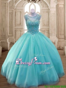 See Through Scoop Aqua Blue Quinceanera Dress with Beading for Spring