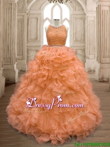 See Through Scoop Beaded and Ruffles Quinceanera Dress in Orange