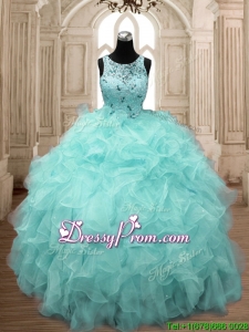 See Through Scoop Beading and Ruffles Quinceanera Dress in Aqua Blue