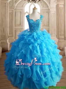 Cheap Straps Beading and Ruffles Quinceanera Dress in Aqua Blue