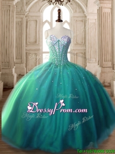 Visible Boning Beaded Bodice Tulle Quinceanera Dress in Turquoise