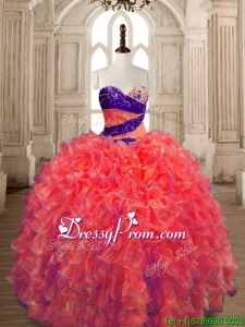 Exquisite Big Puffy Beaded and Ruffled Quinceanera Dress in Orange Red