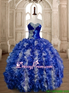 Gorgeous Beaded Bust and Ruffled Quinceanera Dress in Blue and White