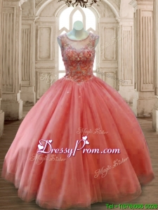 See Through Scoop Beading Quinceanera Dress in Rust Red