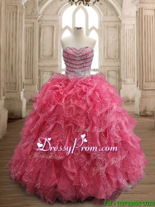 Fashionable Beaded and Ruffled Coral Red Quinceanera Dress in Organza