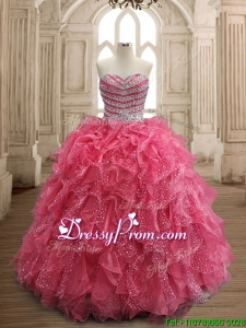 Fashionable Beaded and Ruffled Coral Red Quinceanera Dress in Organza