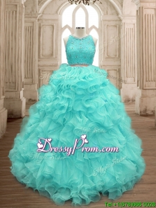 Sweet Two Piece Scoop Mint Quinceanera Dress with Beading and Ruffles