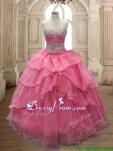 Unique Watermelon Red Organza Quinceanera Dress with Beading and Ruffled Layers