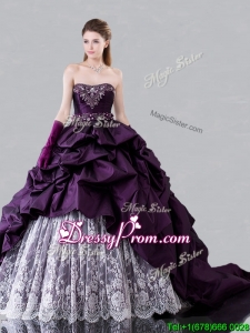 2016 Pretty Brush Train Beaded and Bubble Sweet 16 Dress in Taffeta and Lace