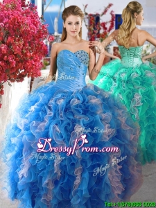 2016 Luxurious Beaded and Ruffled Organza Quinceanera Dress in Blue and White