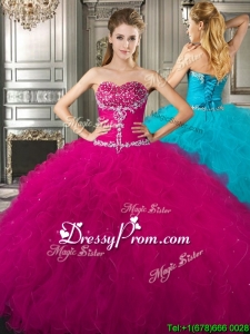 Affordable Beaded and Ruffled Fuchsia Sweet 16 Dress in Tulle