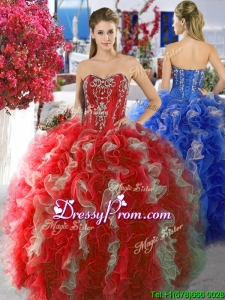 Discount Red and White Sweet 16 Dress with Beading and Ruffles