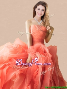 Exclusive Rolling Flowers Orange Red Quinceanera Dress with Brush Train