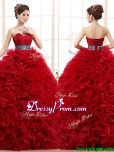 Luxurious Sashed and Ruffled Sweet 16 Dress in Wine Red