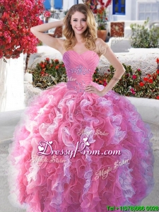 Popular Rose Pink and White Quinceanera Dress with Beading and Ruffles