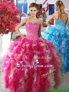 Romantic Rose Pink and White Organza Quinceanera Dress with Beading and Ruffles