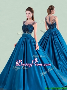 See Through Scoop Brush Train Quinceanera Dress with Cap Sleeves