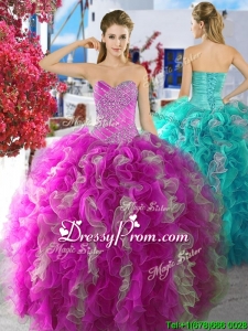 Cheap Fuchsia and White Organza Sweet 16 Dress with Beading and Ruffles