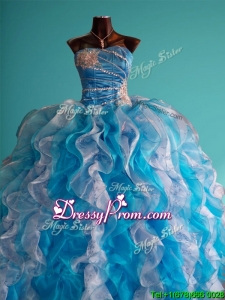 Discount Beaded and Ruffled Big Puffy Sweet 16 Dress in White and Blue