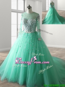 See Through Scoop Long Sleeves Beading Sweet 16 Dress with Brush Train
