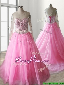 See Through Scoop Long Sleeves Quinceanera Dress with Beading